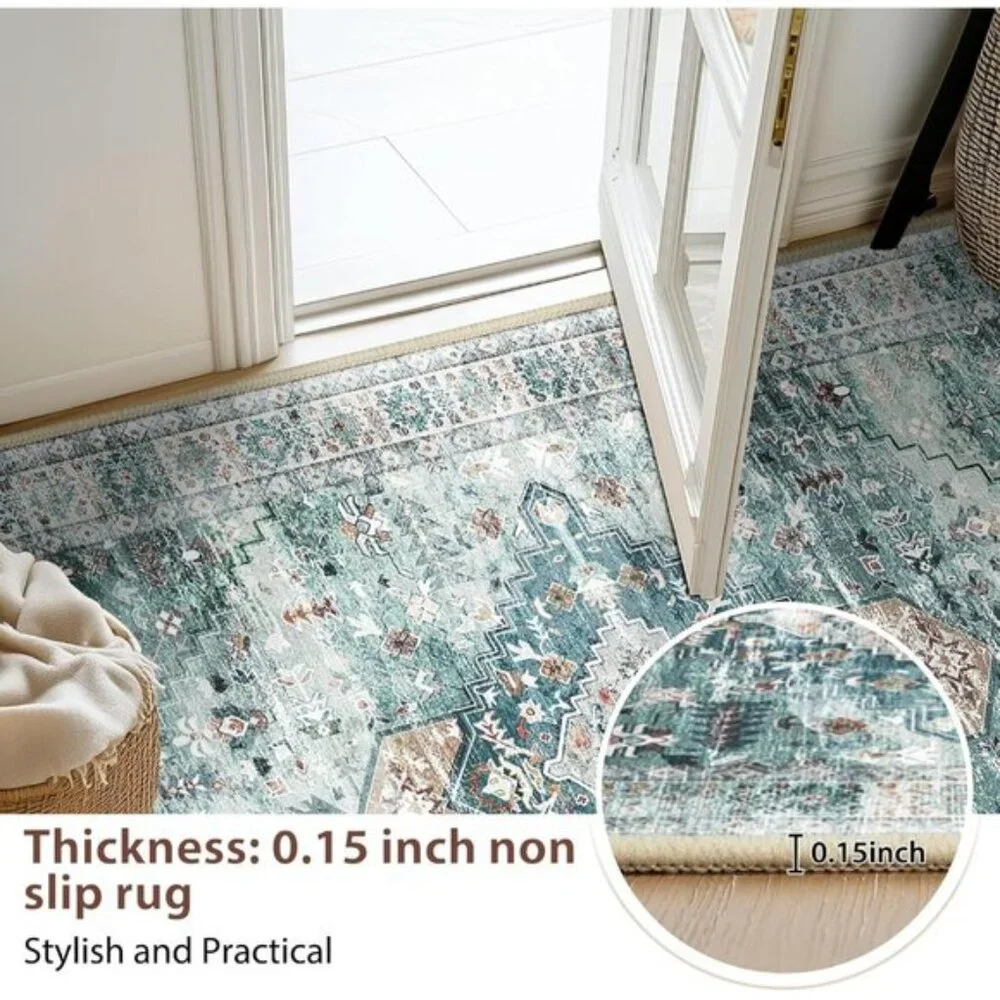 5x7 Green Boho Area Rug, Washable, No Pile, Non-Slip Vintage Distressed Carpet